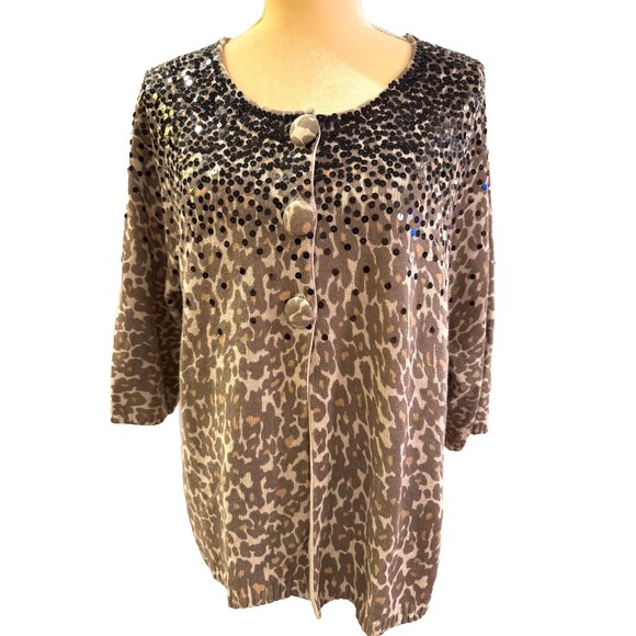 Chico's Sparkly Sequin Cardigan Sweater Sz 2/Large Black Brown Animal Print - Picture 1 of 8